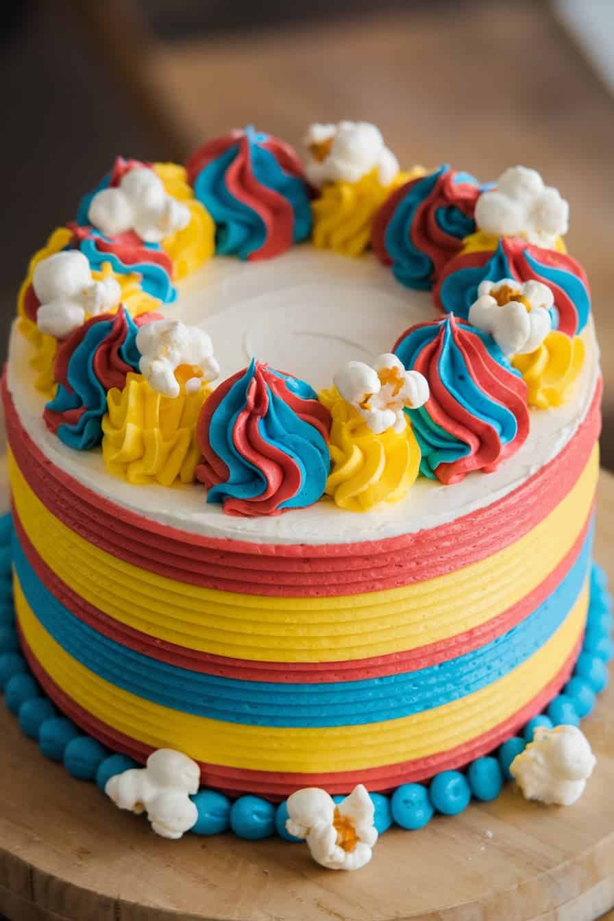 A vibrant, striped cake with layers of blue, yellow, and red icing. The top is decorated with colorful dollops of frosting and scattered popcorn pieces. The cake sits on a wooden surface.