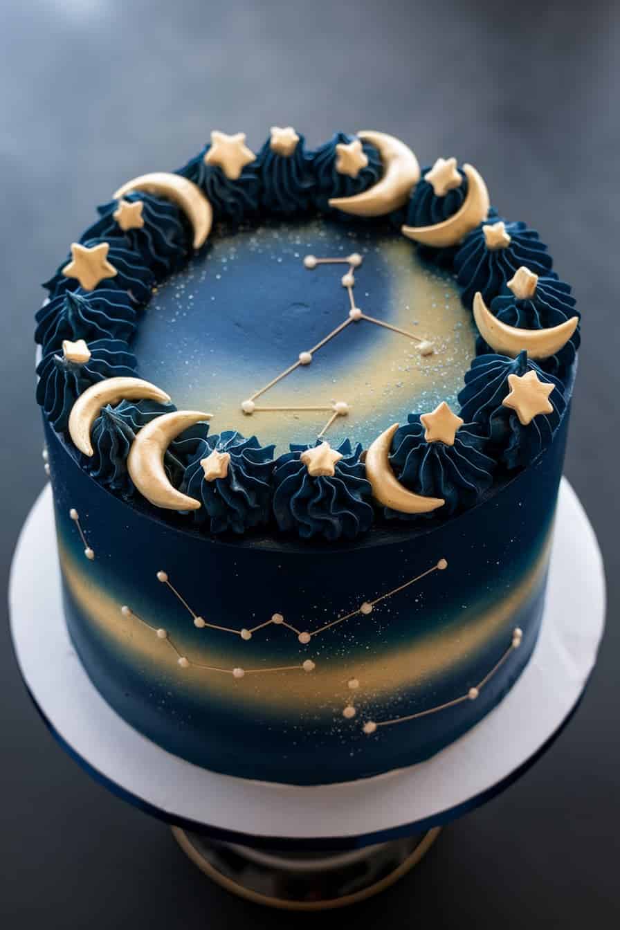 A dark blue cake with a celestial theme, adorned with crescent moons and stars. The top features a constellation made from tiny white dots, and the cake is decorated with swirls resembling wispy clouds.