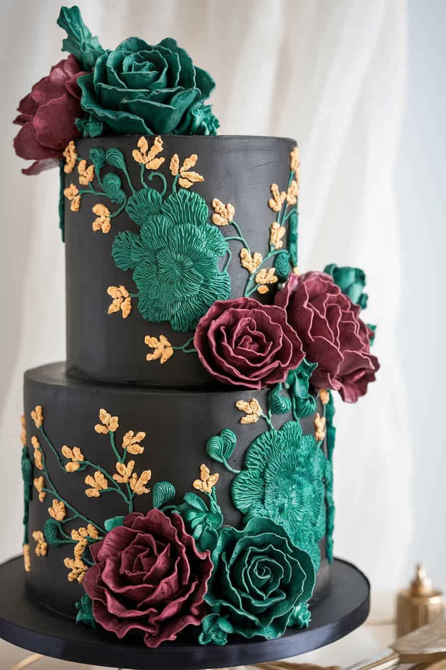 A two-tiered cake with a matte black finish, decorated with intricate green floral patterns, gold accents, and deep red and pink sugar roses, set against a light background.