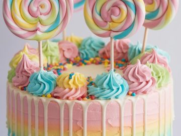 A colorful cake with pastel rainbow layers and dripping white icing. It's topped with swirl lollipops and decorated with multicolored sprinkles and pastel whipped cream dollops.