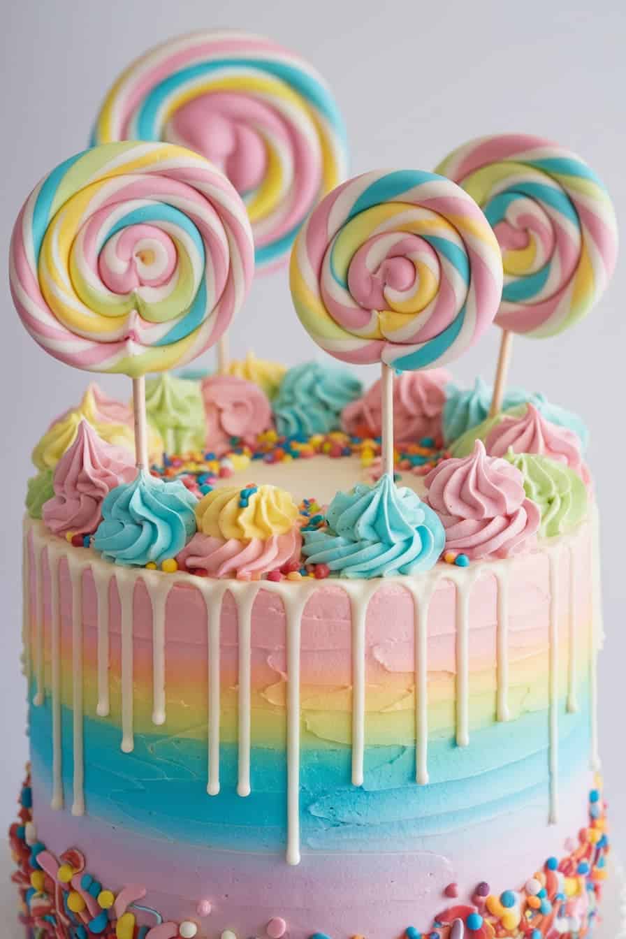 A colorful cake with pastel rainbow frosting and white chocolate drips. It is topped with three swirled lollipops and pink, blue, and yellow piped frosting. The base is decorated with colorful sprinkles.