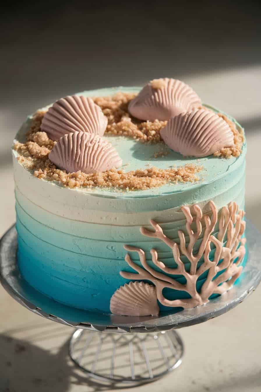 A round cake with gradient blue icing resembling the ocean. It is decorated with seashells and coral made of icing, and sprinkled with crumbed topping. The cake is placed on a metal stand.