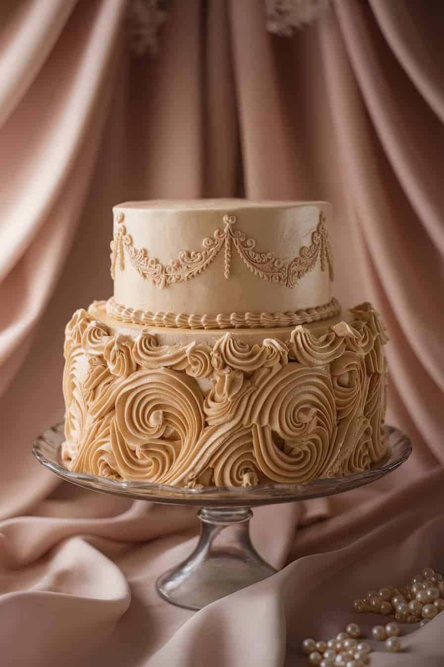 A two-tiered cake on a glass stand with intricate swirls and decorative icing against a backdrop of soft pink drapes and scattered pearls. The top tier features elegant icing patterns.