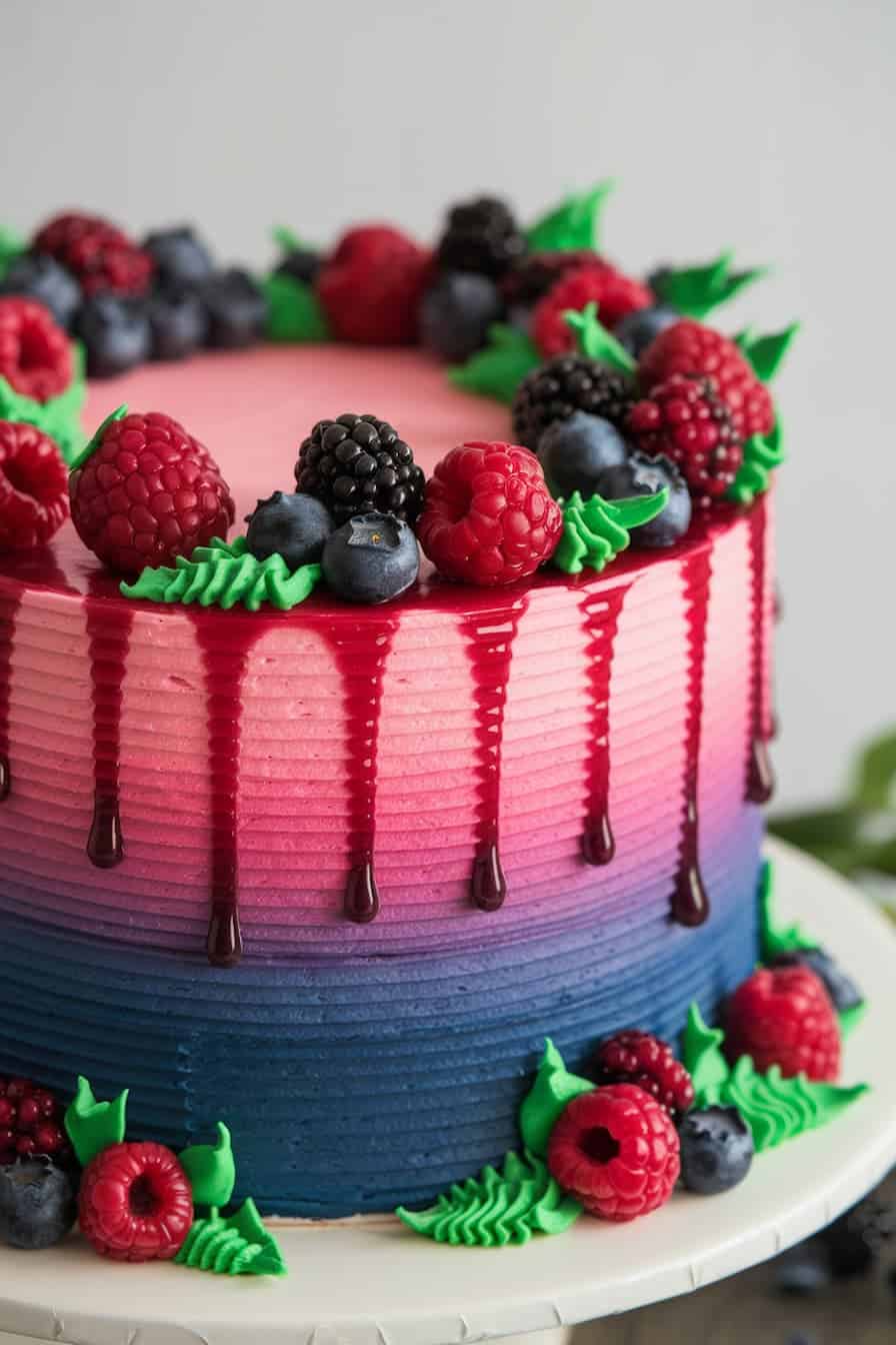 A layered cake with a smooth gradient from pink to dark blue, topped with fresh raspberries, blackberries, and blueberries. Green icing leaves add decoration, while red berry sauce drips elegantly down the sides.