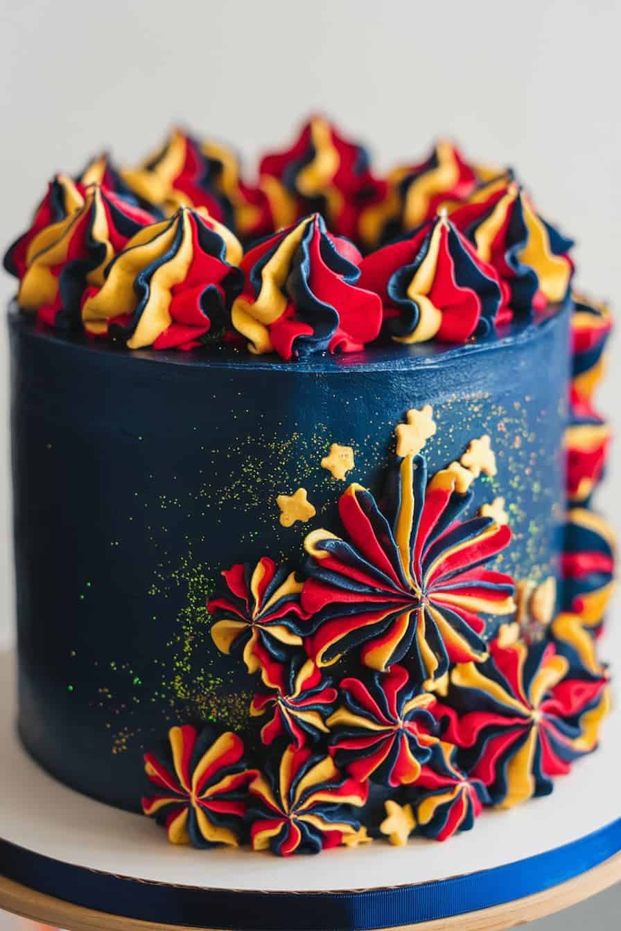 A vibrant cake with navy blue icing features colorful red, yellow, and navy piped decorations resembling fireworks. Stars made of icing are scattered, with hints of green, adding a festive touch.