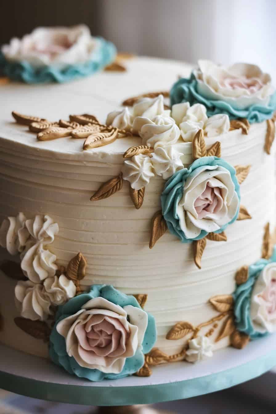 A beautifully decorated cake with buttercream flowers in pastel shades of blue and pink, accented with golden leaves. The cake is elegantly textured with smooth frosting and intricate floral designs.