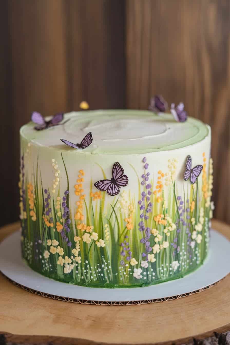 A beautifully decorated cake with green and white frosting, featuring intricate designs of yellow and purple flowers. Purple butterfly decorations are placed on top, creating a nature-inspired theme. The cake is displayed on a wooden surface.