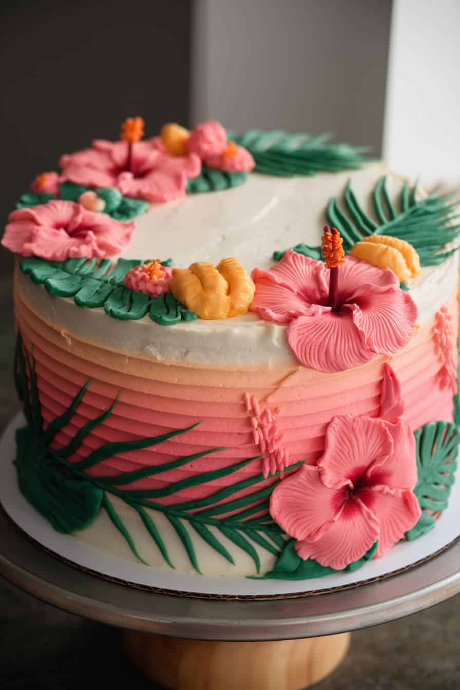 A colorful cake decorated with pink and peach tropical flowers, green leaves, and a smooth gradient of pink frosting on the sides, sitting on a cake stand.