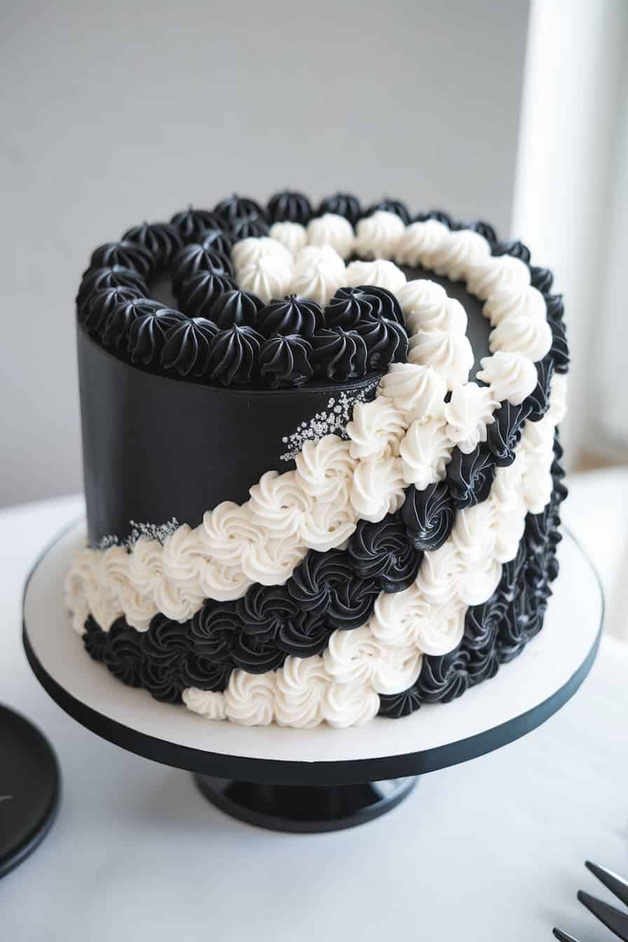 A cake with a black and white swirl design, featuring intricate piped frosting in alternating colors. It sits on a white cake stand, accented with small silver edible beads.