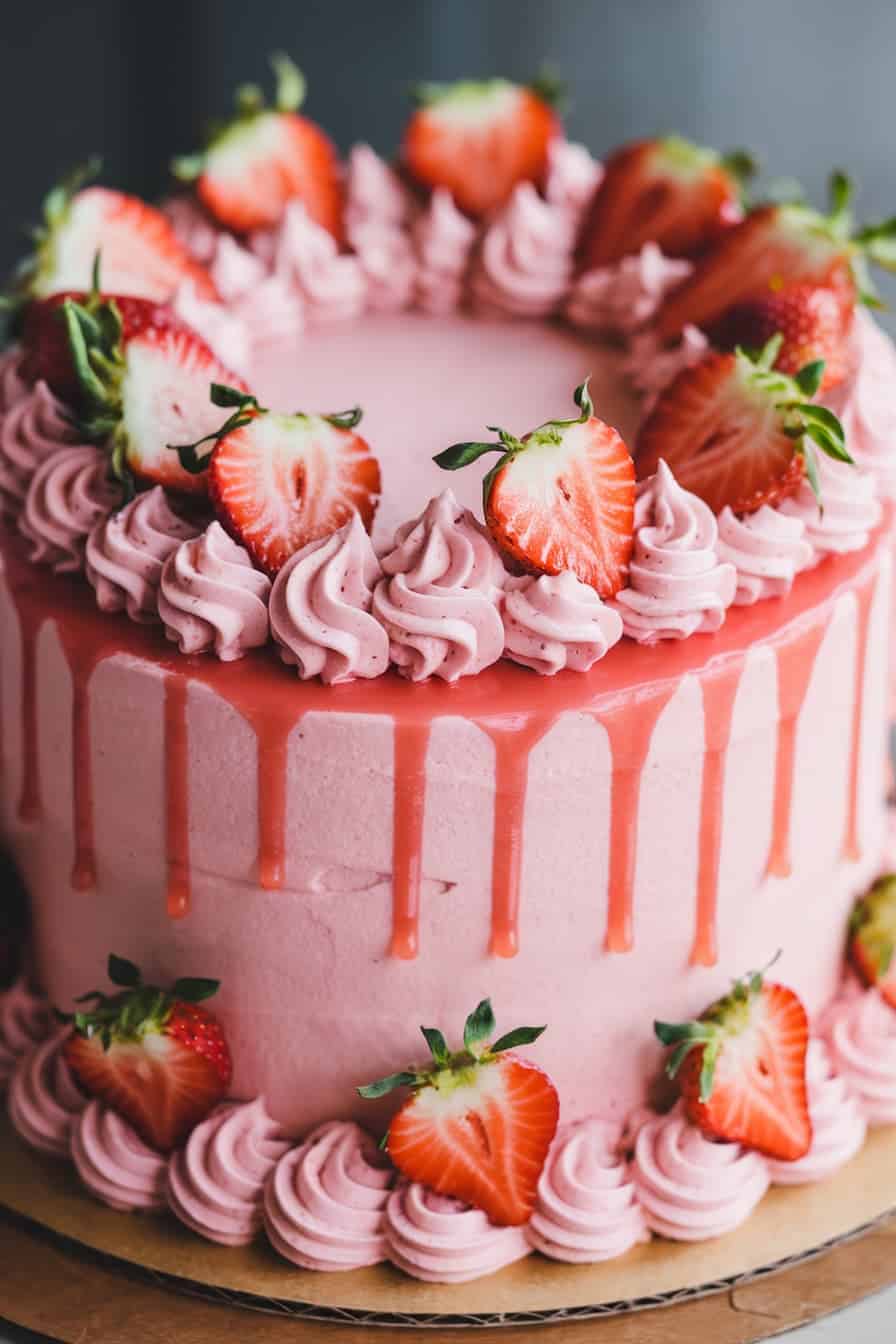 A pink frosted cake topped with fresh strawberries and piped cream swirls. Drips of pink glaze cascade down the sides, and more strawberries are arranged around the base. The cake sits on a round cardboard base.