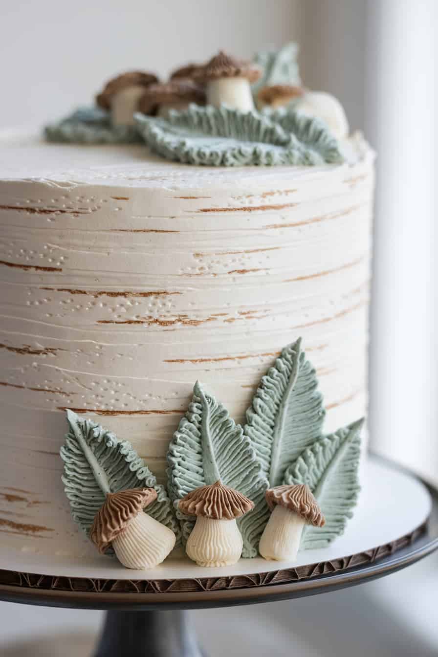 A white frosted cake with textured icing is decorated with green leaf-shaped icing and small mushroom-shaped toppings, creating a woodland theme. It sits on a metal cake stand.