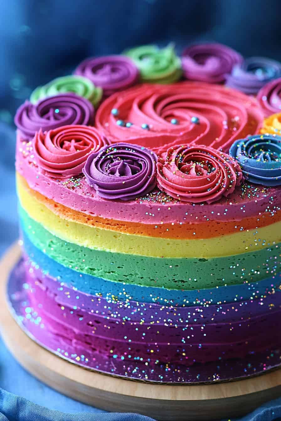 A vibrant rainbow cake with layers of colorful frosting in pink, red, orange, yellow, green, blue, and purple, topped with swirled rosettes and sprinkled with small, colorful sprinkles. The cake is on a wooden stand.