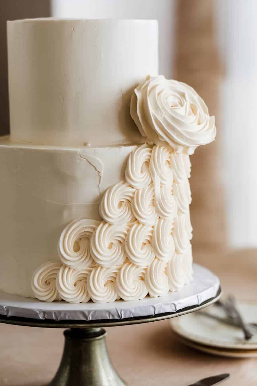 A two-tiered ivory cake on a pedestal stand, decorated with a large rose on top and intricate swirl patterns cascading down the side. Plates and cutlery are in the background.