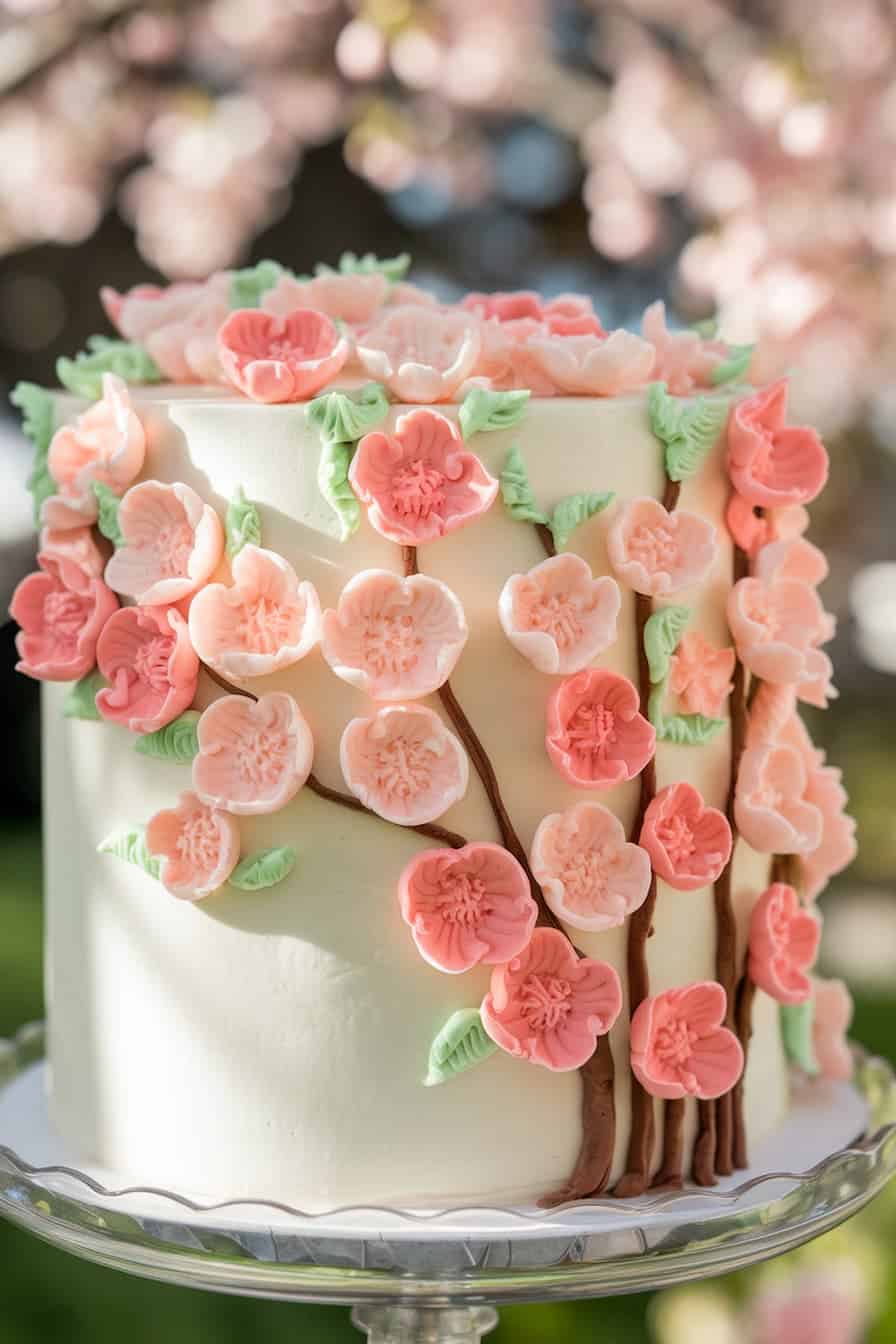 A beautifully decorated cake with white frosting features delicate pink and coral flower designs, resembling cherry blossoms, with green leaves. The cake is displayed outdoors with a background of blurred floral scenery.