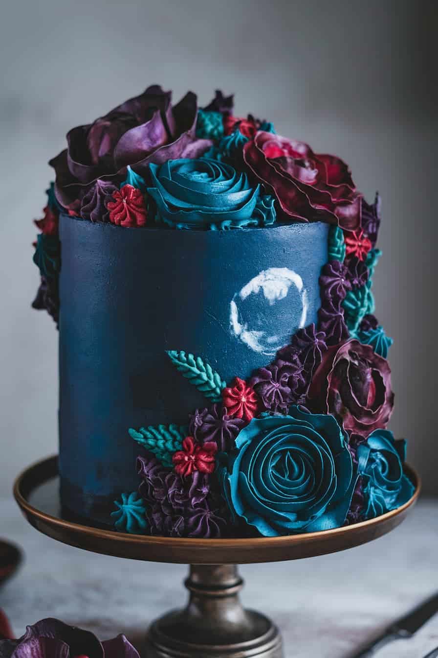 A dark blue cake adorned with intricate, colorful floral decorations in shades of purple, teal, and red, displayed on a bronze cake stand against a subtle background.