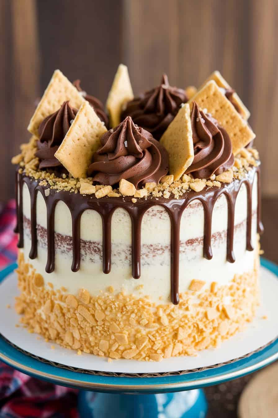 A decadent cake with chocolate drips and frosting swirls on top. It's decorated with graham cracker pieces and crumbly bits around the sides. The cake sits on a blue cake stand against a wooden backdrop.