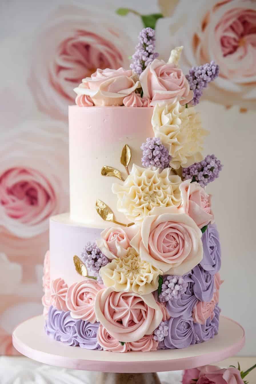 Two-tiered cake decorated with intricate pastel flowers in shades of pink, white, and purple. The background features a floral pattern, complementing the cake's elegant and delicate design.