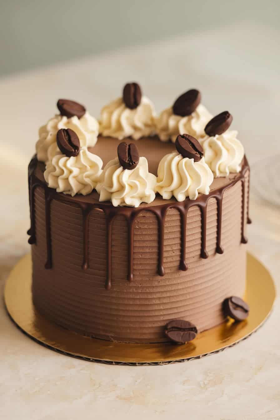 A chocolate cake with smooth frosting, topped with whipped cream swirls and coffee bean decorations. Chocolate drips cascade down the sides, and it sits on a golden cake board.