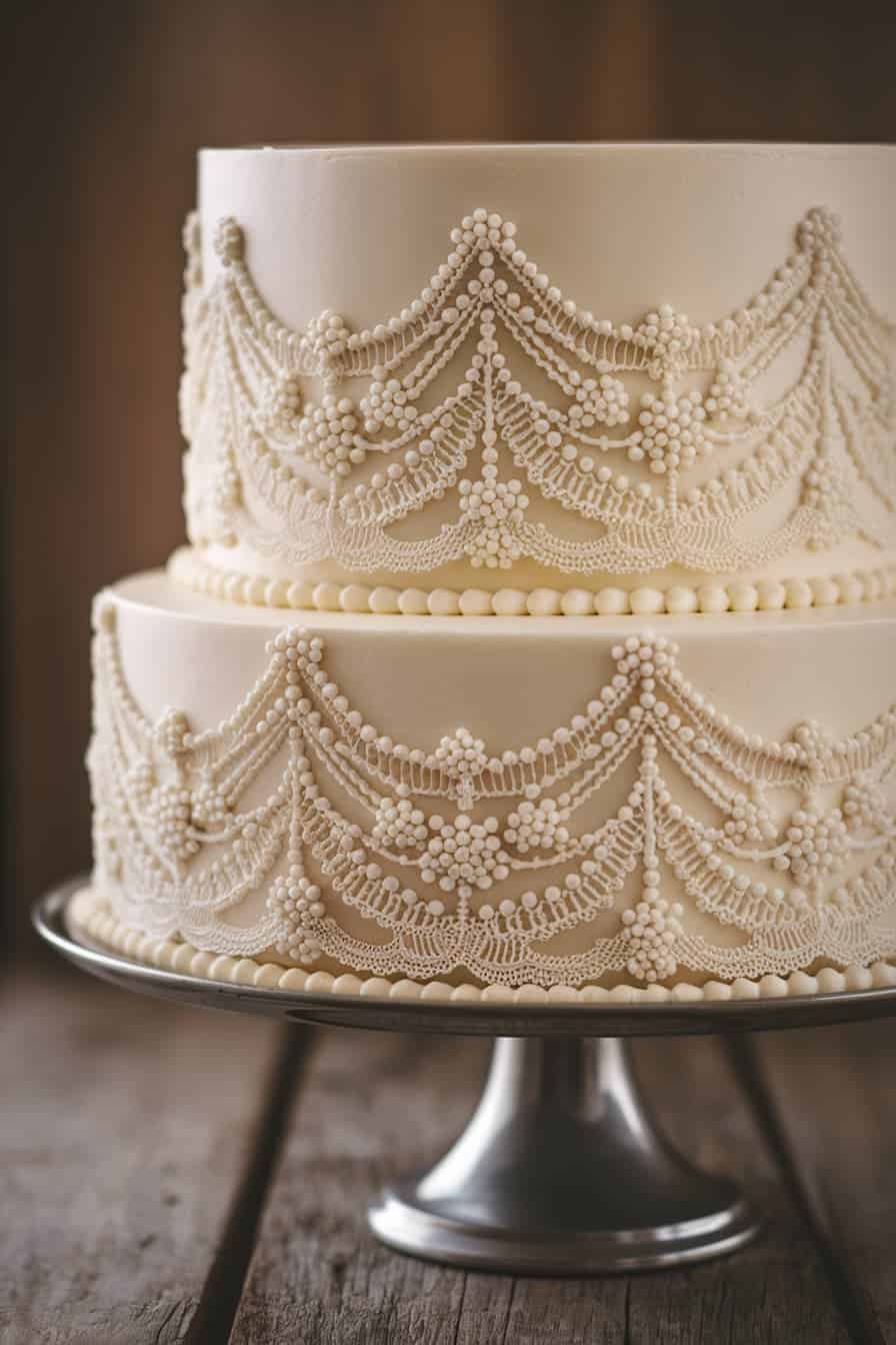 A two-tiered cake with intricate white lace piping is displayed on a silver stand. The cake features delicate, ornate designs resembling lacework, with fine detailing and small bead accents, set against a wooden background.