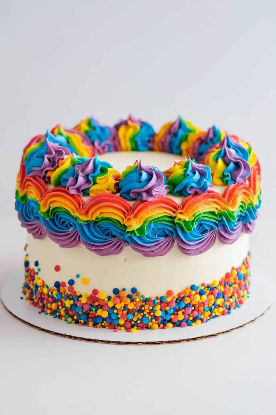 A vibrant, round cake with white frosting decorated with a colorful rainbow swirl of icing on top. The base is adorned with rainbow sprinkles and multicolored dots. The cake sits on a white platter against a plain background.