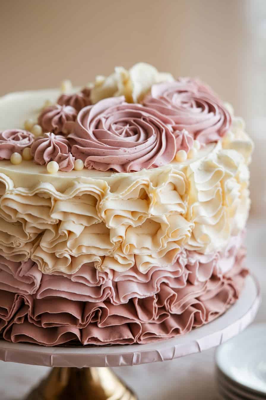 A decorative cake with layers of pink and cream ruffled frosting. The cake is topped with large pink rosettes and small white pearls, set on a gold cake stand.