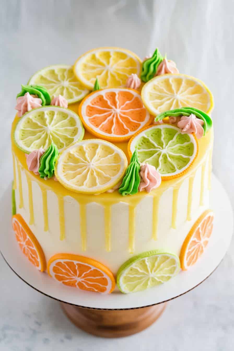 A round cake topped with lemon, lime, and orange slices, decorated with green and pink swirls of icing. The sides of the cake feature a yellow drip effect and additional citrus slices, all placed on a wooden pedestal.