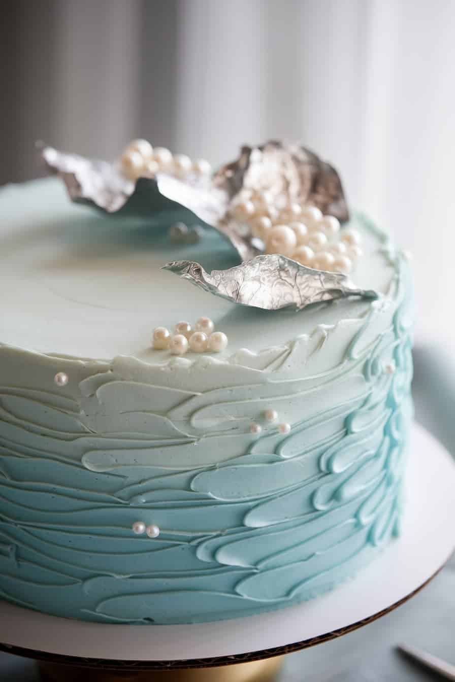 A cake with smooth blue and white frosting, decorated with small white pearls and metallic silver leaves on top, creating an elegant and artistic design.