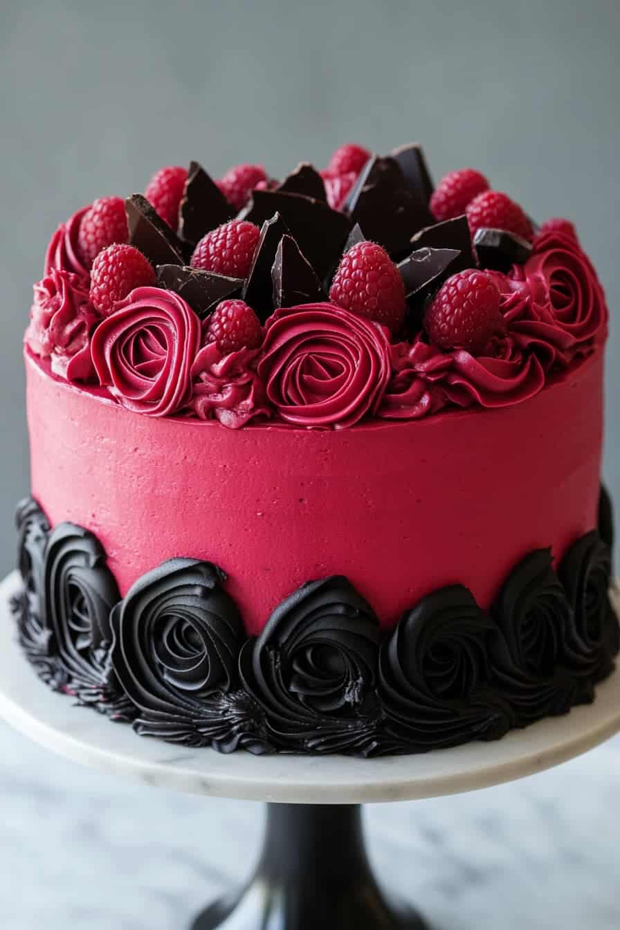 A vibrant cake with deep pink frosting, topped with fresh raspberries and dark chocolate pieces. The sides are decorated with intricate black rosette piping, all set on a white cake stand with a dark background.