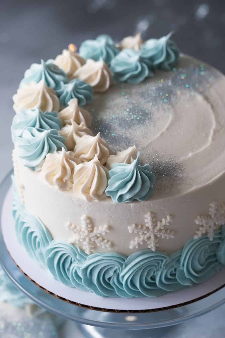 A round cake with white frosting and blue accents, decorated with piped swirls and snowflakes. Sparkly silver glitter is sprinkled on top, adding a festive touch. The cake sits on a shiny silver stand.