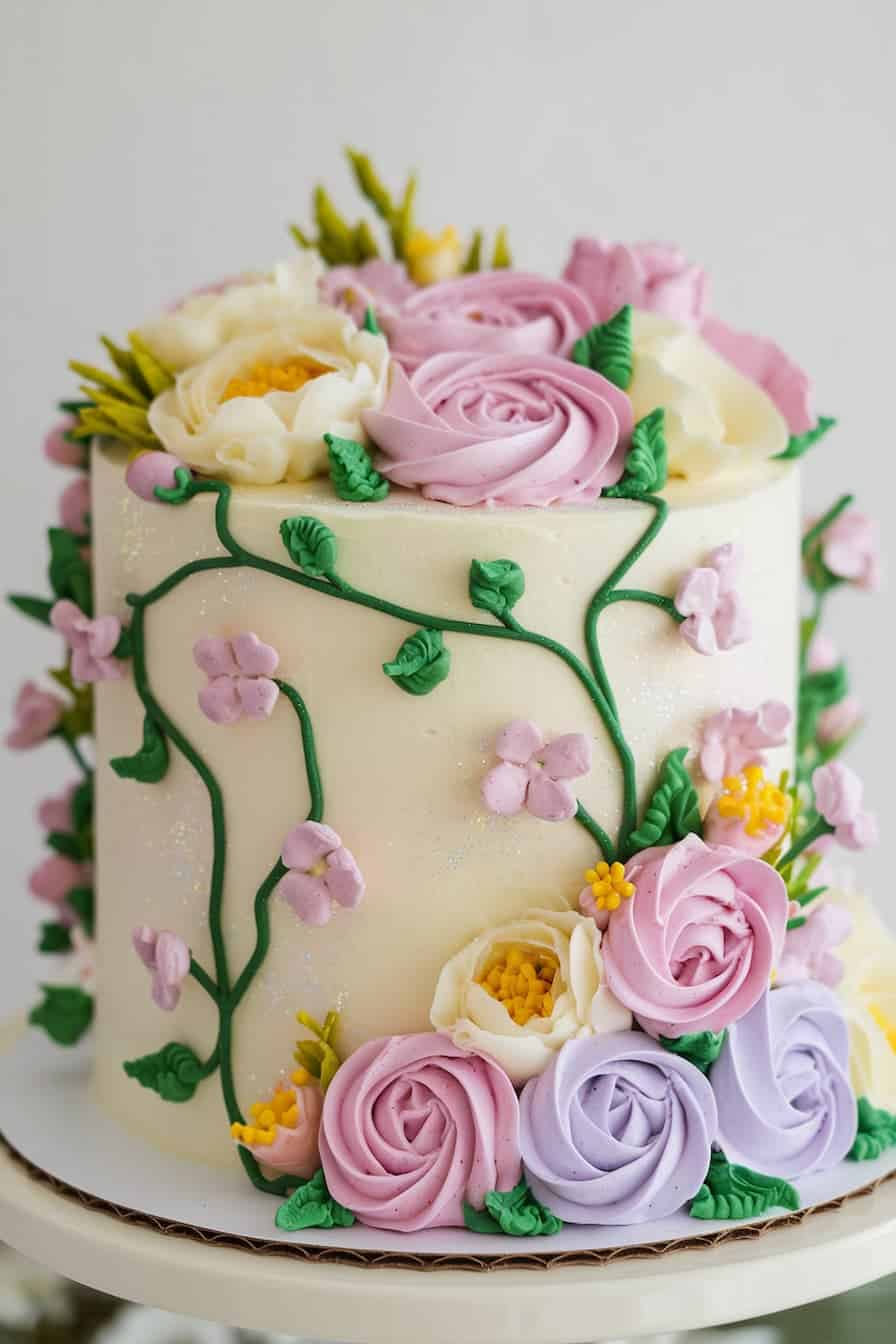 A beautifully decorated cake featuring intricate buttercream flowers in pink, purple, yellow, and white. Green vines and leaves add to the floral design on the white frosted cake, creating an elegant and festive appearance.