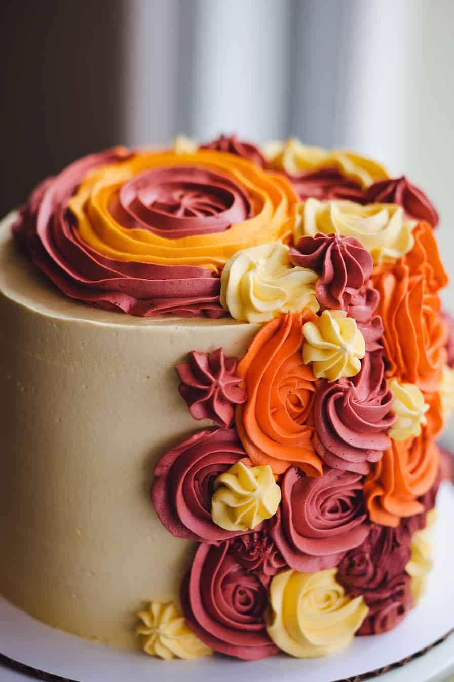 A cake decorated with colorful frosting flowers in shades of red, orange, yellow, and cream. The intricate floral design covers the top and cascades down the side, creating a vibrant and artistic appearance.