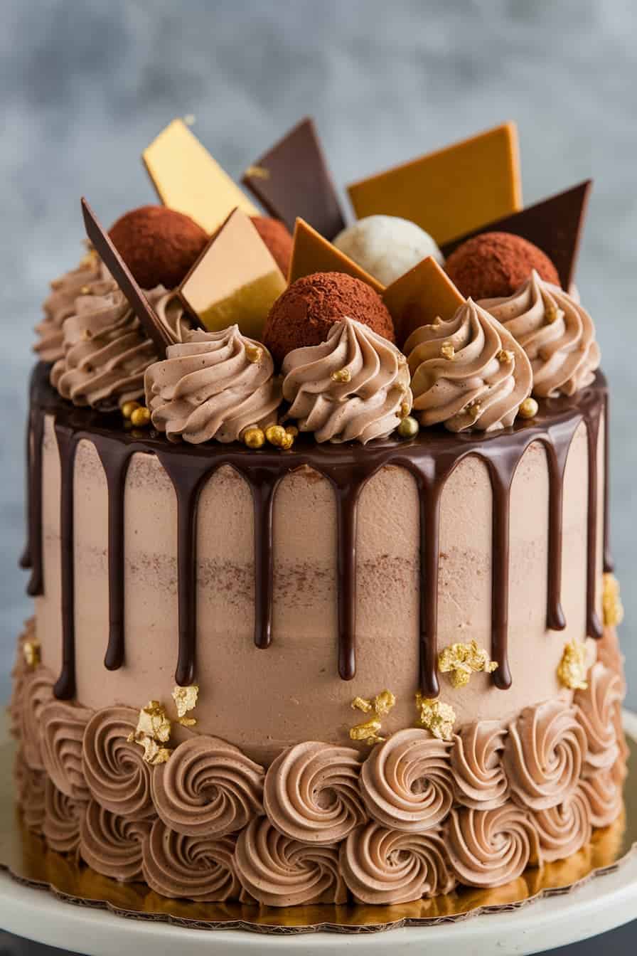 A chocolate cake decorated with a drip glaze, swirls of frosting, various chocolate pieces, and gold accents sits on a white plate. Round truffles and gold spheres adorn the top against a textured gray background.