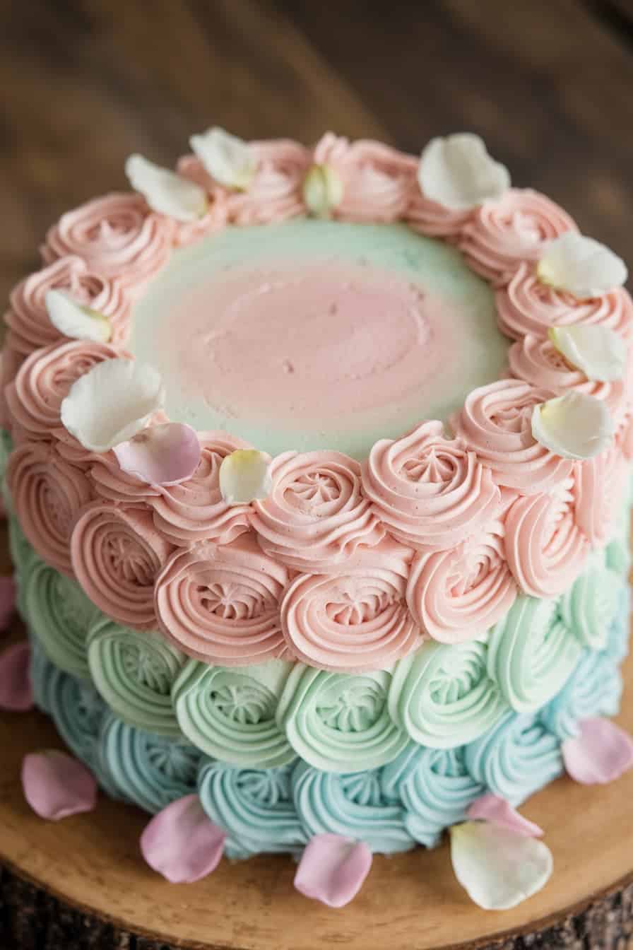 A pastel-colored cake adorned with rose-shaped frosting in pink and blue layers, topped with scattered white and pink flower petals. The cake is displayed on a wooden surface.