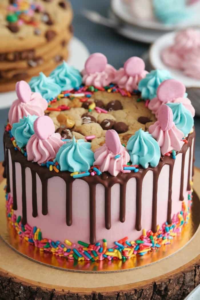 A colorful cake with pink and blue frosting, topped with chocolate chips and pink macarons. Chocolate drips down the sides, and rainbow sprinkles decorate the base. The cake sits on a wooden board with cookies in the background.