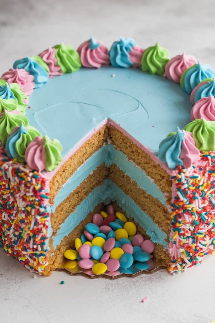 A three-layer cake with blue frosting and a cut slice, revealing colorful candy inside. The top is decorated with pink, blue, and green frosting swirls, and the sides have rainbow sprinkles.