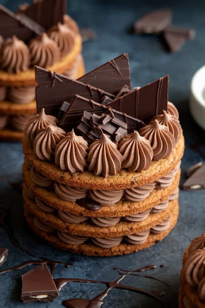 A layered chocolate dessert with piped chocolate cream and shards of dark chocolate on top, set on a dark surface. The intricate decoration and rich textures highlight the dessert's elegance and indulgence.