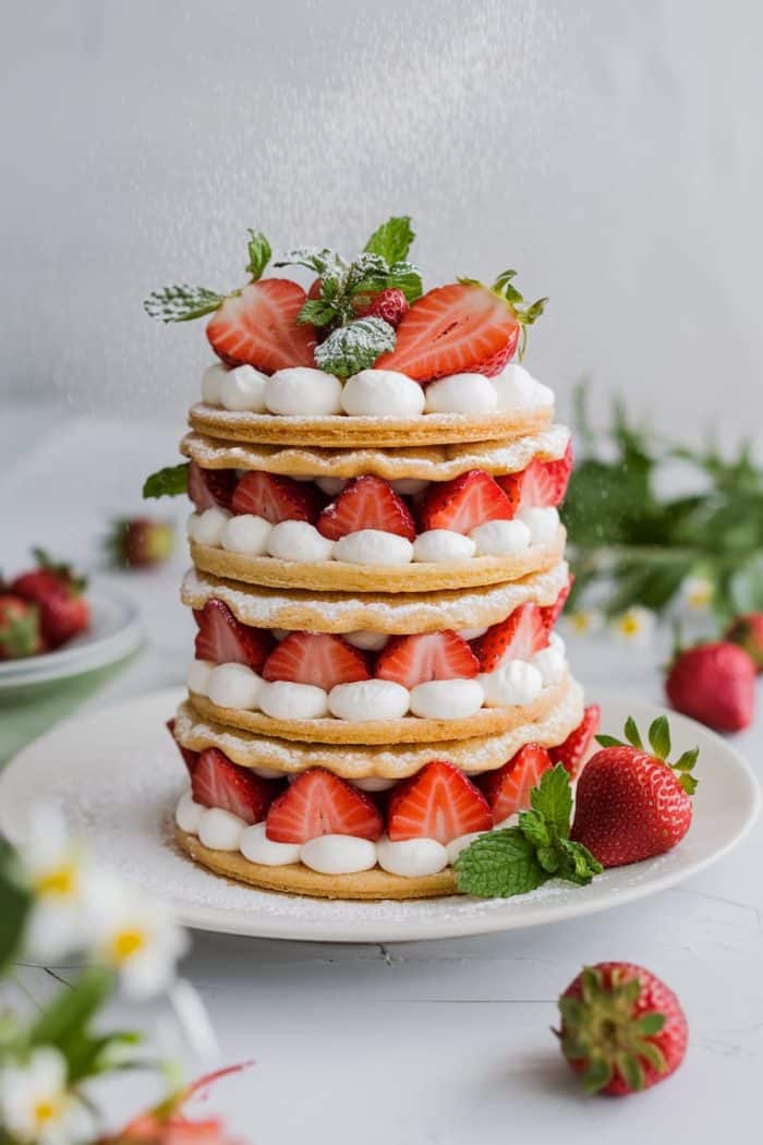 A three-layer stack of waffles topped with whipped cream, sliced strawberries, and fresh mint leaves. Powdered sugar is being sprinkled from above. More strawberries and flowers are scattered around a white plate.