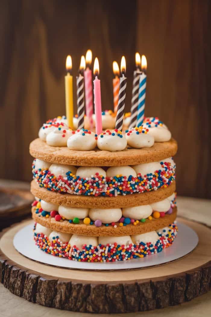 A three-tiered naked cake with colorful sprinkles and creamy frosting between layers. The cake is topped with nine lit candles in various colors, set against a wooden background.