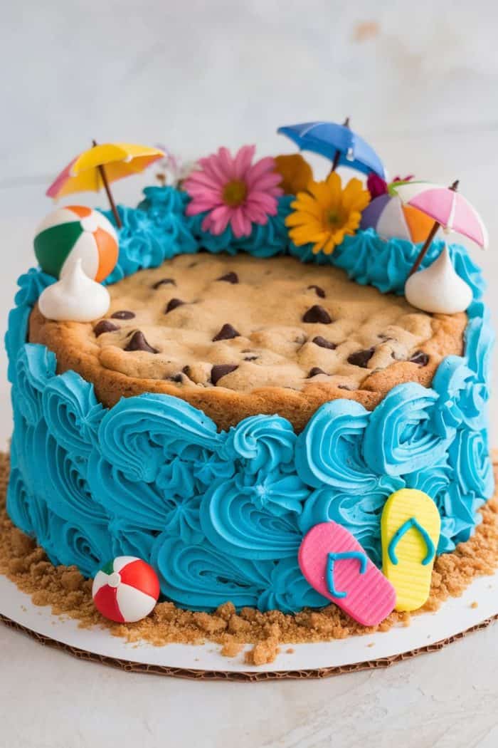 A cake decorated with blue frosting waves, topped with a giant cookie, beach umbrellas, flowers, and meringue. Edible beach balls and sandals rest on the frosting and crushed cookie base.