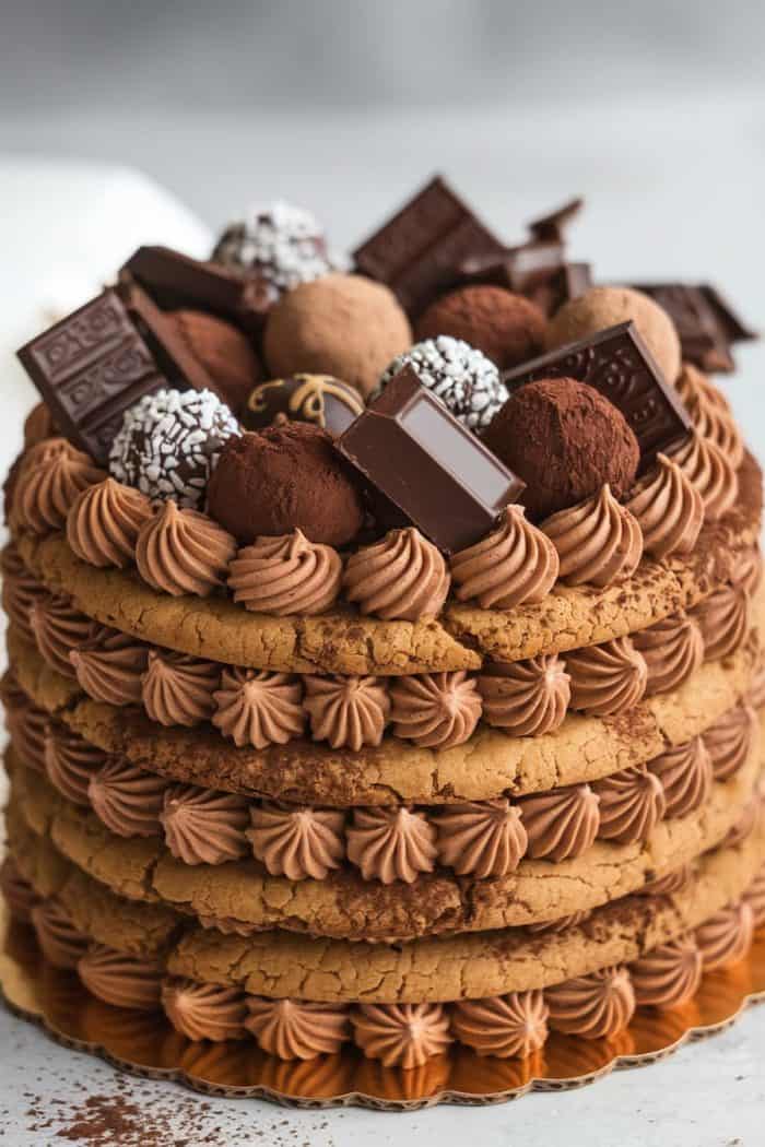 A tall, multi-layer chocolate cake with crispy cookie layers and chocolate cream swirls. The top is decorated with truffles, chocolate squares, and cocoa powder, creating a rich, indulgent look.