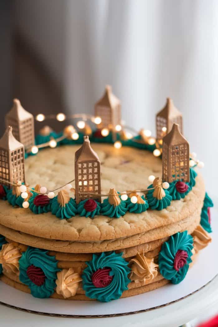 A two-layer cookie cake decorated with teal, gold, and red frosting swirls. The top features small, house-shaped decorations and a string of tiny white lights, set against a soft background.