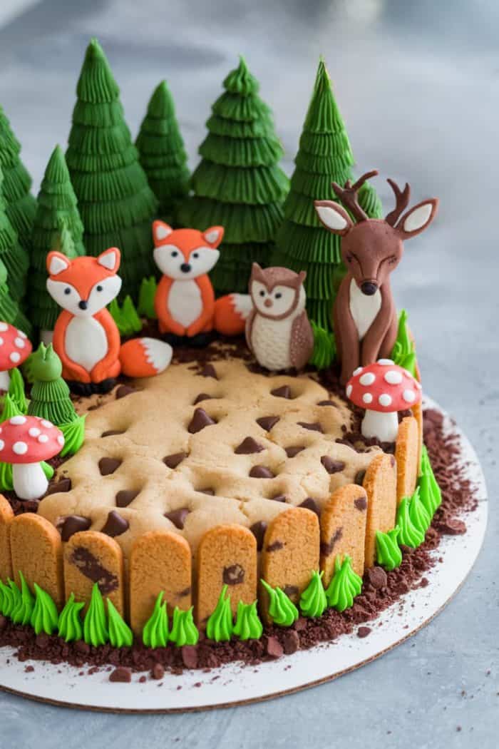 A whimsical woodland-themed cake featuring fondant figures: two foxes, an owl, and a deer among evergreen trees. The cake base is decorated with cookies, mushrooms, and green icing resembling grass, with chocolate chip topping.
