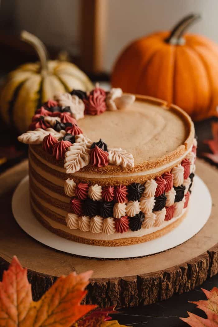 A beautifully decorated cake with autumn-themed designs featuring colored frosting leaves on top. The setting includes pumpkins and leaves, suggesting a fall or Thanksgiving celebration. The cake is placed on a wooden board.