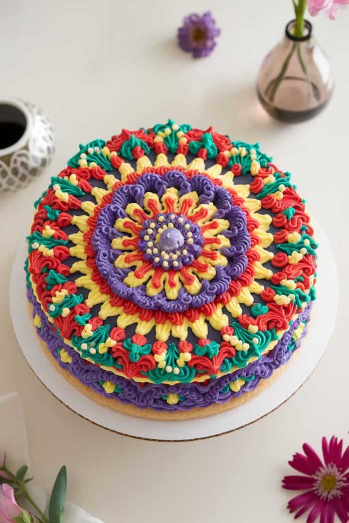 A colorful cake with intricate piping designs in red, yellow, purple, and green. The top features a central flower pattern surrounded by concentric rings. Nearby are flowers in a vase, adding to the decorative setting.