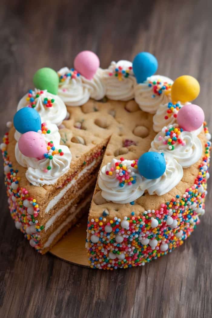 A layered cake with white frosting and colorful sprinkles on top and sides. The cake is decorated with whipped cream swirls and pastel-colored spherical decorations, with a slice removed. It's placed on a wooden surface.