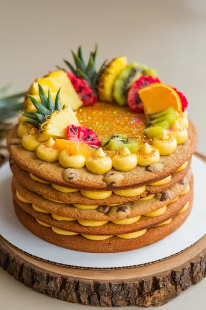 A layered cake with chocolate chip cookie layers and yellow frosting, topped with assorted fresh fruits including pineapple, dragon fruit, kiwi, and orange slices. The cake is placed on a wooden circular stand.