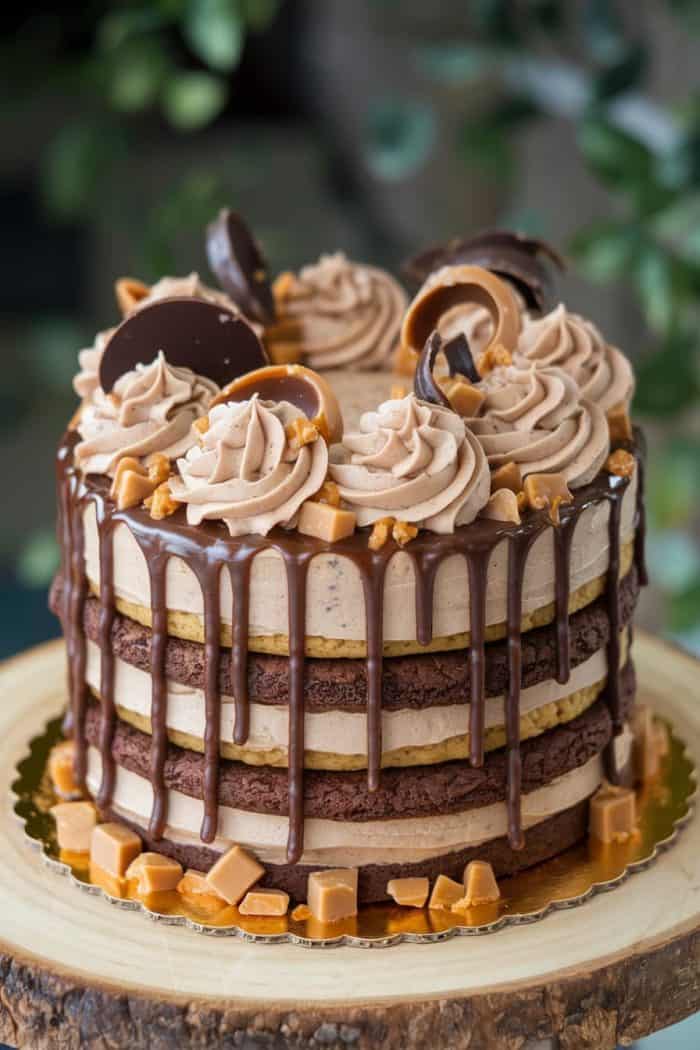 A multi-layered chocolate and caramel cake topped with chocolate glaze and creamy swirls. Garnished with chocolate discs and caramel chunks, it sits on a wooden base with a blurred green background.