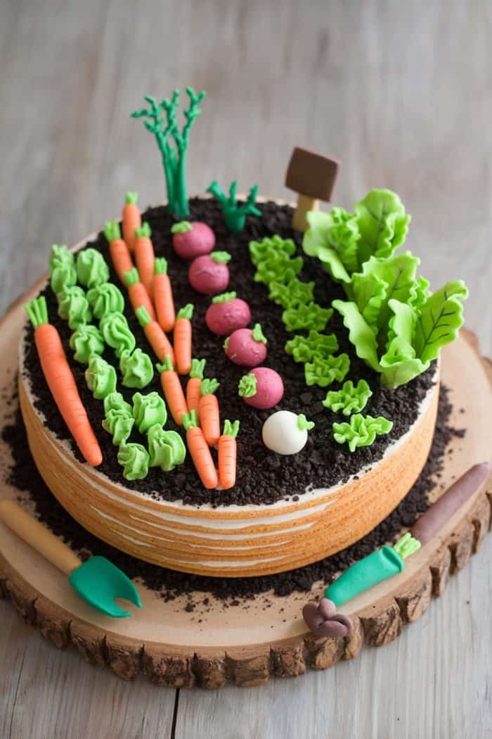 A cake designed to look like a vegetable garden, featuring realistic fondant carrots, radishes, lettuce, and a sign. The cake sits on a rustic wooden base, decorated with garden tools made of fondant.