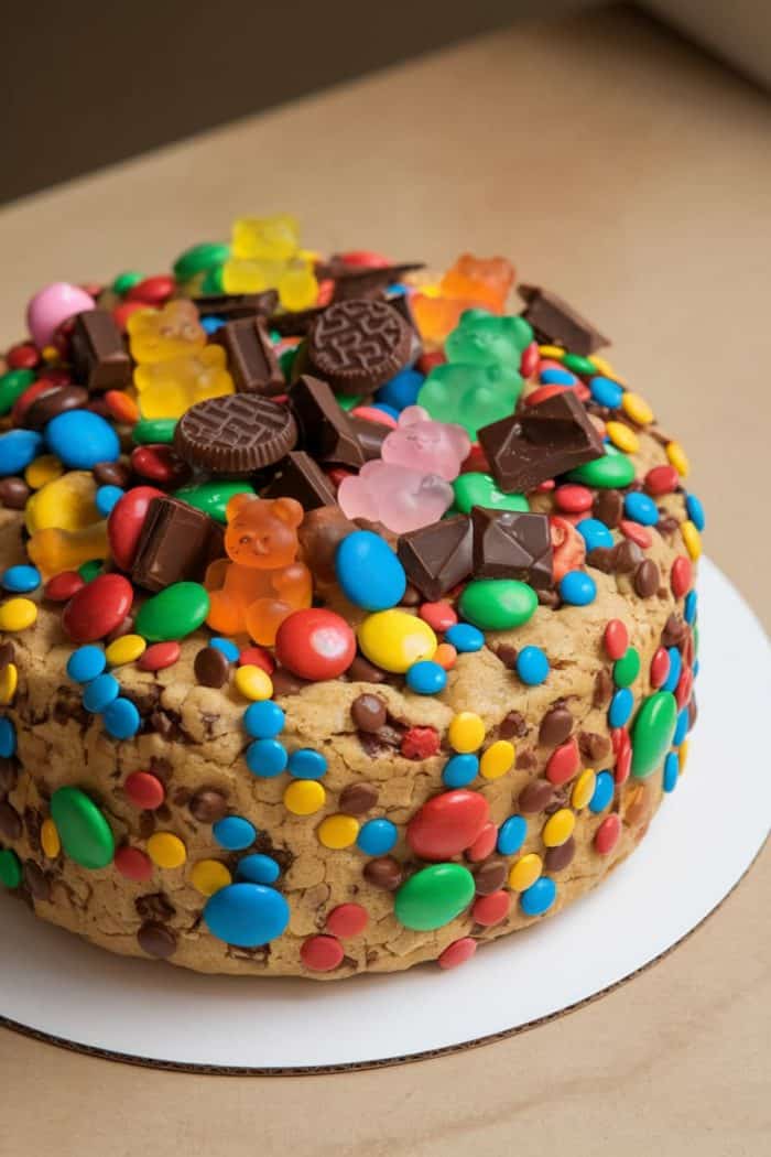 A large, round cake covered in colorful candies, including chocolate pieces, gummy bears, and assorted round candies in red, blue, green, and yellow, sitting on a white cake board.