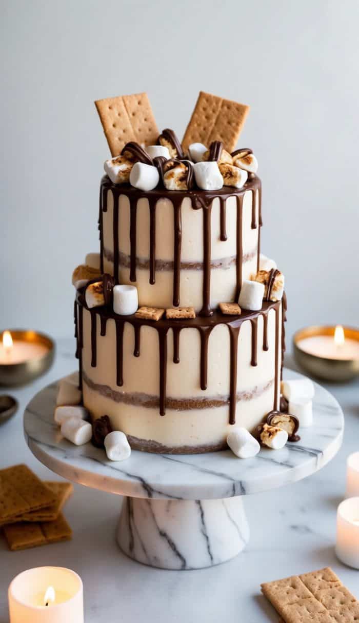A decadent s'mores drip cake adorned with graham crackers, marshmallows, and chocolate drizzle sits on a white marble cake stand, surrounded by flickering tea lights